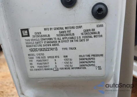 2005 Chevrolet Silverado 1500 Work Truck from USA, damaged, VIN 1GCEC19X25Z274113